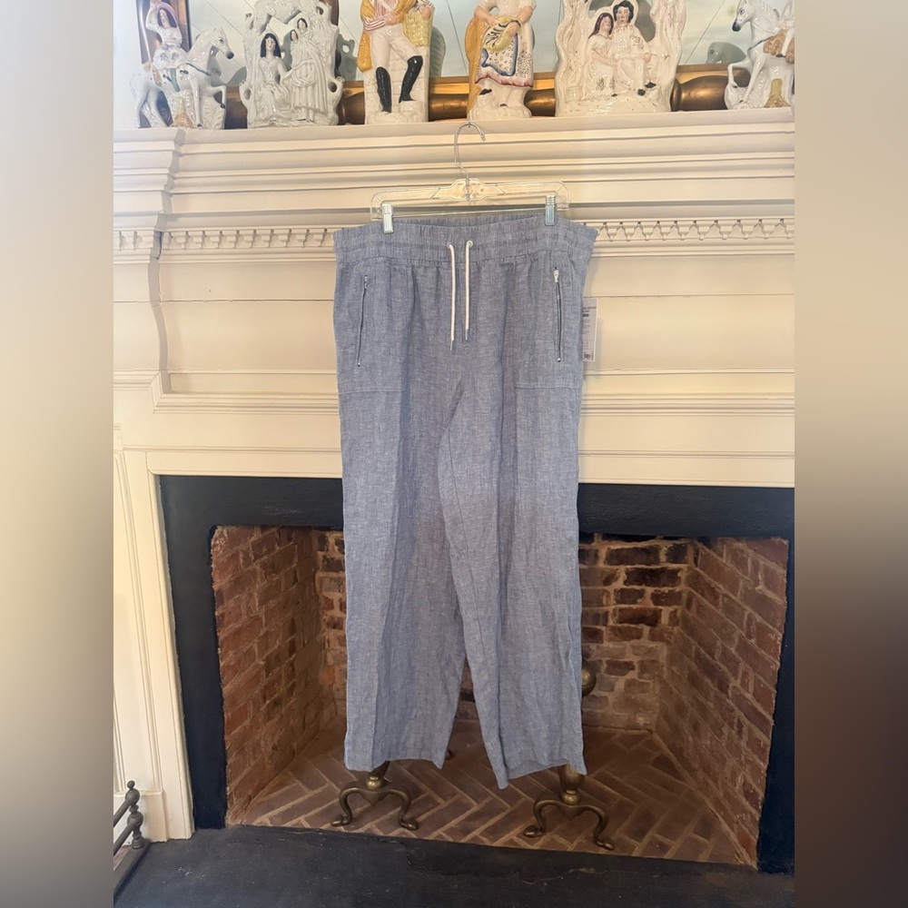 Athleta Blue Linen-Blend Drawstring Wide-Leg Pants